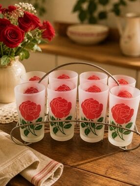 Libbey Frosted Rose Tumbler Set w Caddy 1960s 8 Glasses Vintage